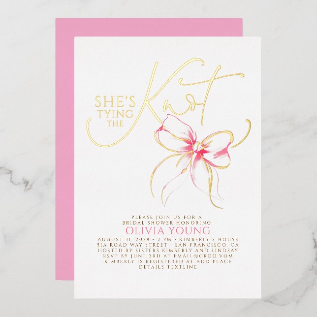 Invitation En Aluminium Pink Bow She's Tying The Knot Bridal Shower (Recto/Verso)
