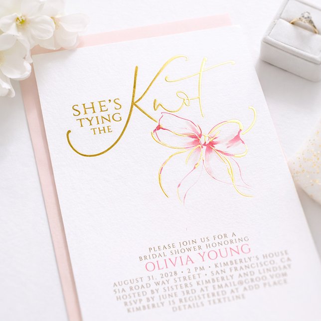Invitation En Aluminium Pink Bow She's Tying The Knot Bridal Shower (Pink Bow Bridal Shower Gold Foil Invitation)