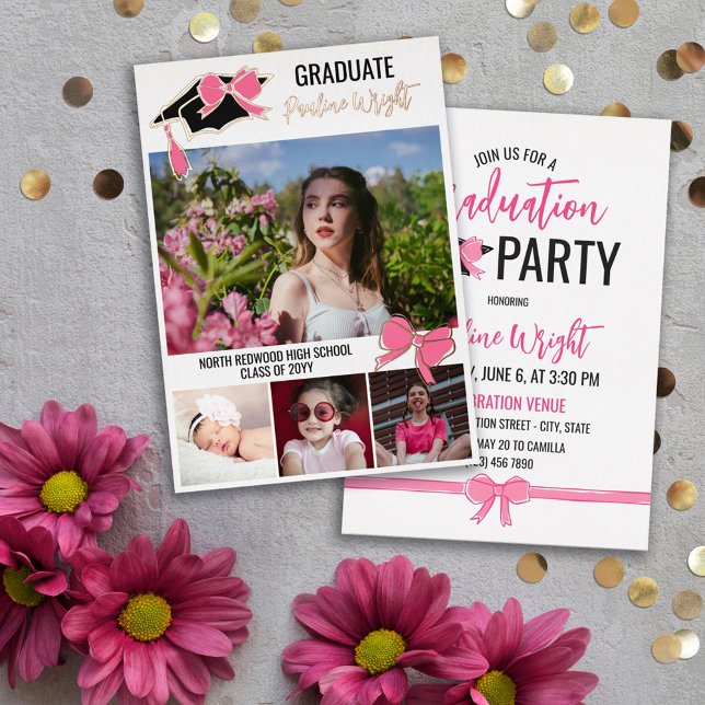 Invitation En Aluminium Pink Bows Photos Gold Foil Outlines Graduation (Créateur téléchargé)