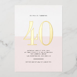 Invitation En Aluminium Pink et blanc moderne 40e anniversaire Gold Foil