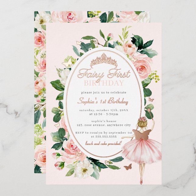 Invitation En Aluminium Pink Fairy Premier Anniversaire Rose Gold (Recto/Verso)