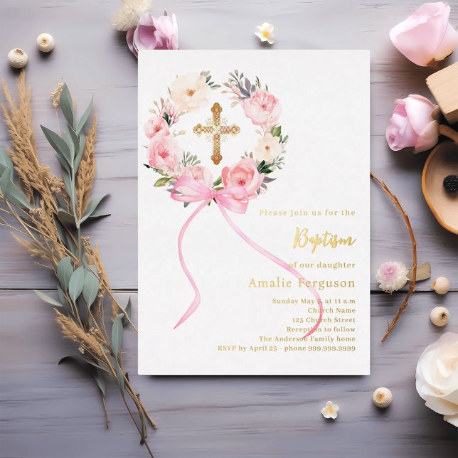 Invitation En Aluminium Pink floral wreath cross bow girl baptism (Créateur téléchargé)