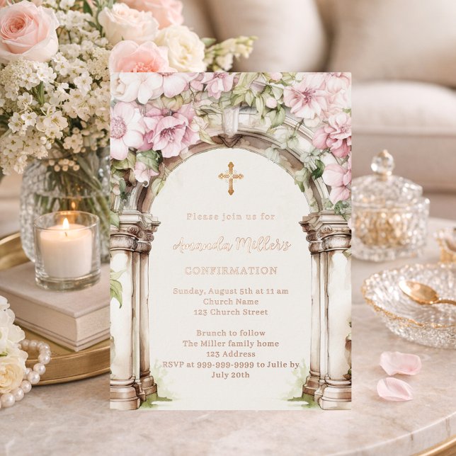 Invitation En Aluminium Pink florals arch beige rose gold Confirmation (Créateur téléchargé)