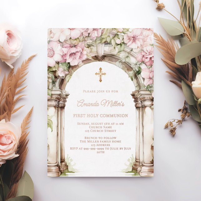 Invitation En Aluminium Pink florals arch girl First Communion rose gold (Créateur téléchargé)
