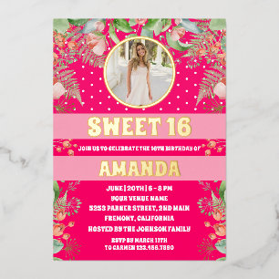 Invitation En Aluminium Pink Gold Floral Sweet 16 Party Photo