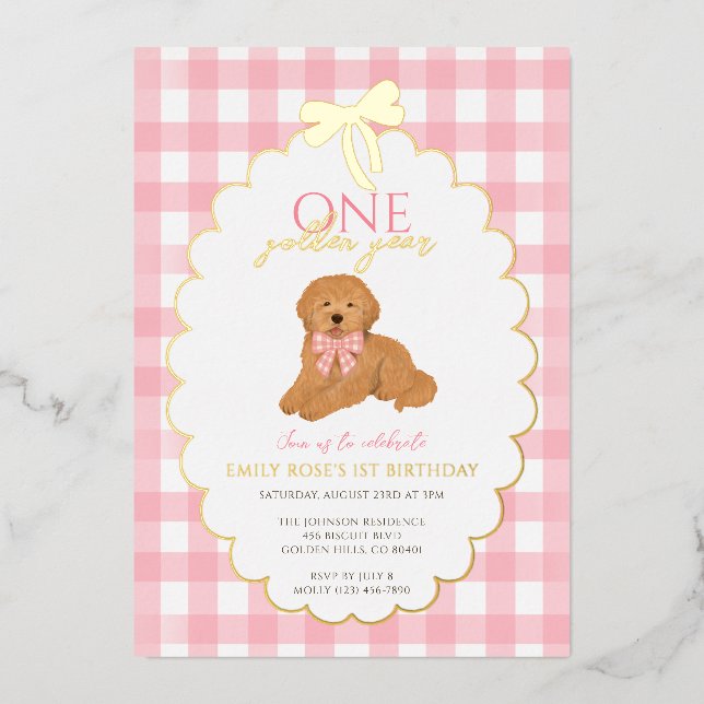 Invitation En Aluminium Pink Goldendoodle Puppy Dog Pawty 1st Birthday (Recto)