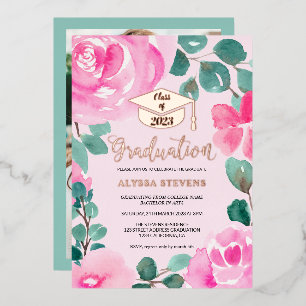 Invitation En Aluminium Pink green floral watercolor photo graduation
