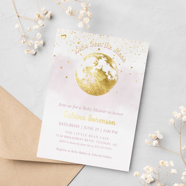 Invitation En Aluminium Pink Over the Moon Gold Celestial Girl Baby shower (Pink and Gold Foil Over the Moon Baby Shower Invitation)