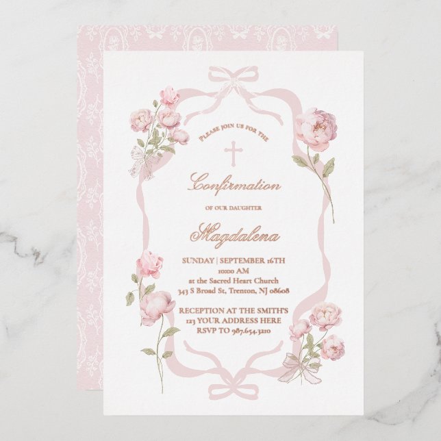 Invitation En Aluminium pink peonies Confirmation girl (Recto/Verso)