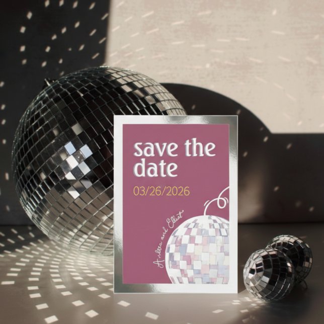 Invitation En Aluminium Pink, Purple & Silver Disco Wedding Save the Date (Créateur téléchargé)