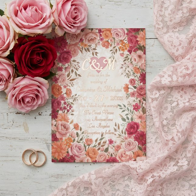 Invitation En Aluminium Pink & Red Romantic Rose Spring Floral Wedding (Flat lay pink red watercolor floral vintage spring garden romantic wedding foil invitation)