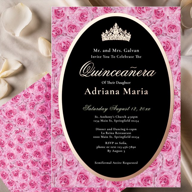 Invitation En Aluminium Pink Roses Elegant Rose Gold Floral Quinceanera   (Créateur téléchargé)