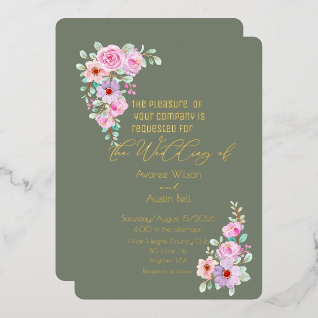 Invitation En Aluminium Pink Roses Warm Eucalyptus Green  (Recto/Verso)