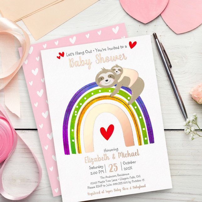 Invitation En Aluminium Pink Sloth Rainbow Girl Baby shower Rose réel or (Créateur téléchargé)
