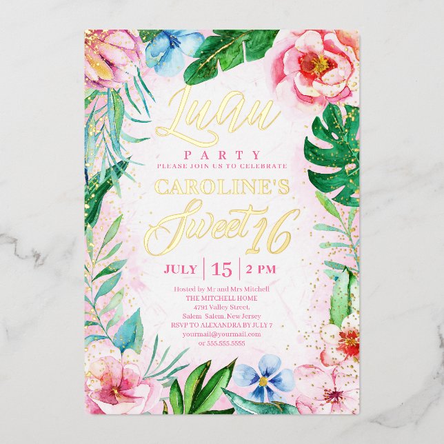 Invitation En Aluminium Pink Tropical Floral Luau Sweet sixteen hawaïen (Recto)