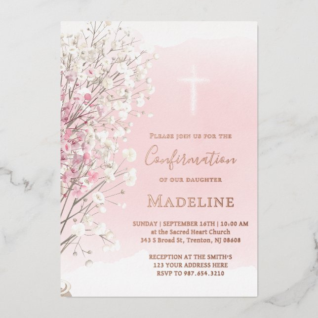 Invitation En Aluminium pink watercolor baby's breath |  Confirmation (Recto)