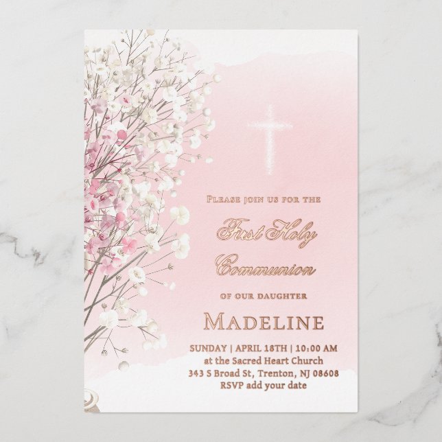 Invitation En Aluminium pink watercolor baby's breath |  First Communion (Recto)