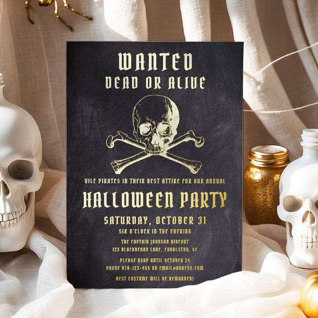 Invitation En Aluminium Pirate noir et os Halloween Party (Black Pirate Skull & Bones Halloween Party Foil Invitation)