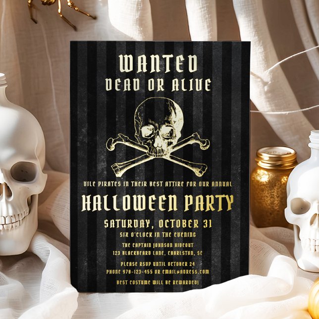 Invitation En Aluminium Pirate noir et os Halloween Party Gold (Black Pirate Skull & Bones Halloween Party Gold Foil Invitation)