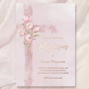 Invitation En Aluminium pivoines roses aquarelle croix Baptême