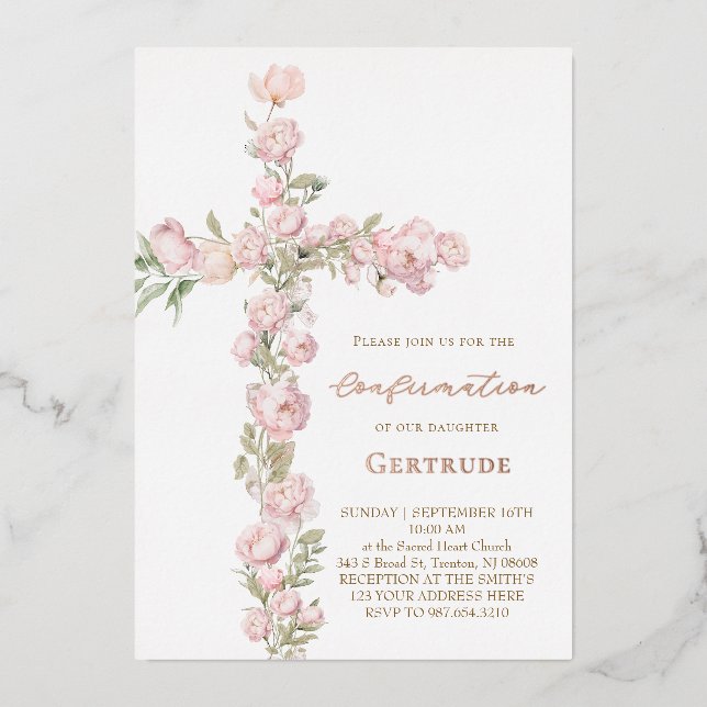 Invitation En Aluminium pivoines roses croix Confirmation (Recto)