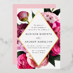 Invitation En Aluminium Pivoines Vibrantes Diamant Cadre Floral Mariage Or