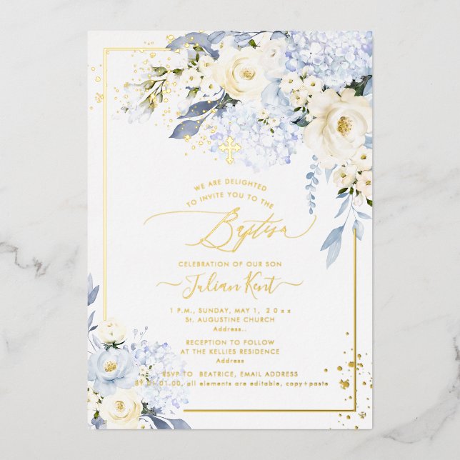 Invitation En Aluminium PixDezines H2 Blue Hydrangeas Crème Roses Baptême (Recto)