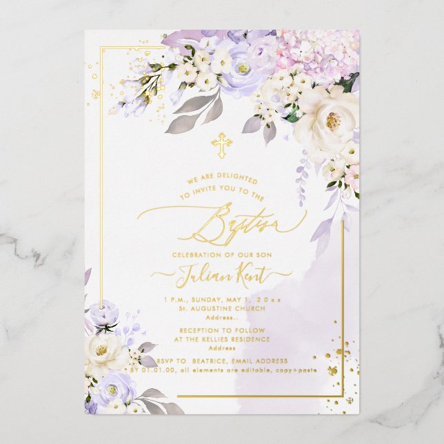 Invitation En Aluminium PixDezines H2 Hydrangeas Crème Roses Baptême Phuil (Recto)