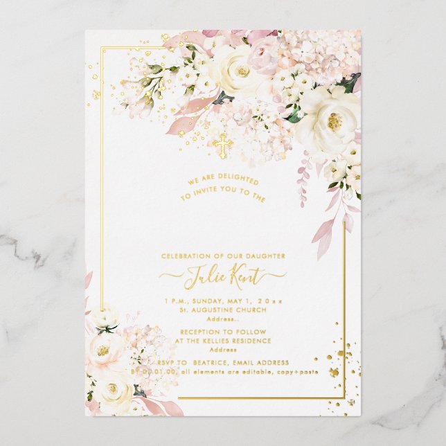 Invitation En Aluminium PixDezines H2 Hydrangeas Roses Fleurs Rouges Baptê (Recto)