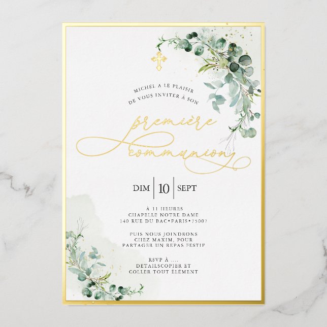 Invitation En Aluminium PixDezines H2 Rustique Eucalyptus Première Communi (Recto)