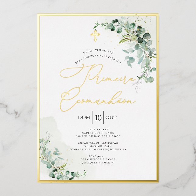 Invitation En Aluminium PixDezines H2 Rustique Eucalyptus Primeira Comunhã (Recto)