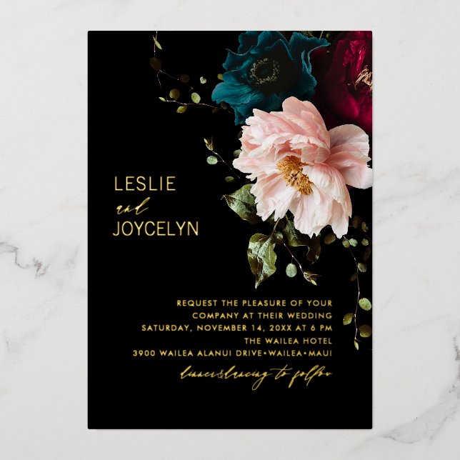 Invitation En Aluminium PixDezines Moody foncé arrangement floral (Recto)