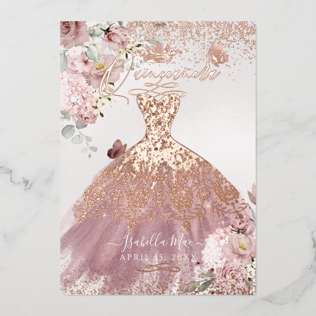 Invitation En Aluminium PixDezines Quinceanera Dusty Rose Gold Gown (Recto)