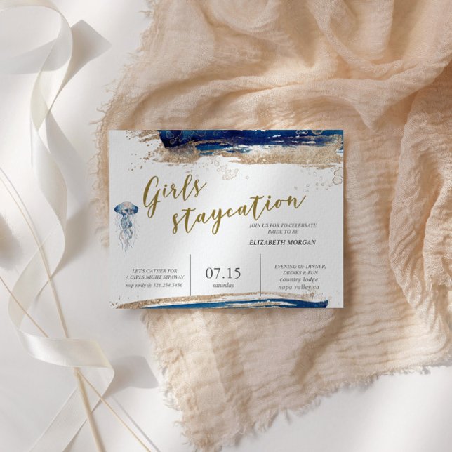 Invitation En Aluminium Plage Côtière Bleu Et Gold Mariée (Créateur téléchargé)