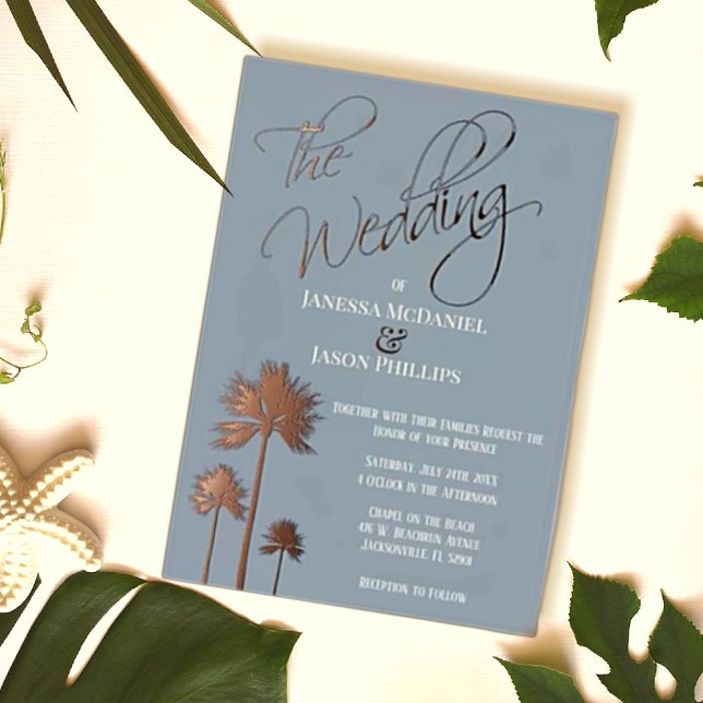 Invitation En Aluminium Plage Palm Trees Dusty Bleu Mariage tropical (Créateur téléchargé)
