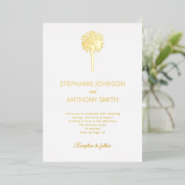 Invitation En Aluminium Plage tropicale Gold Palm Tree Destination Mariage (Debout devant)