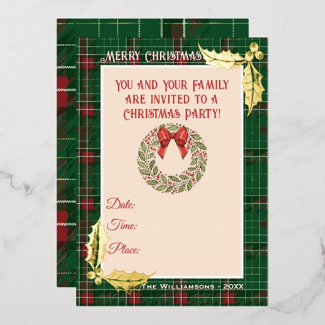 Invitation En Aluminium Plaid de Noël en vert avec du rouge (Recto/Verso)