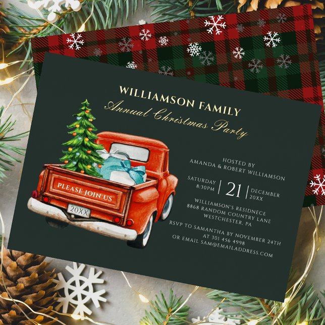 Invitation En Aluminium Plaid Red Truck Russe Noël Party Gold (Rustic Plaid Christmas Party Red Truck Tartan Invitation Card)