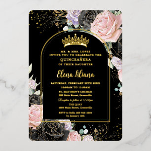 Invitation En Aluminium Plante noire rose violet or Quinceanera Sweet 16
