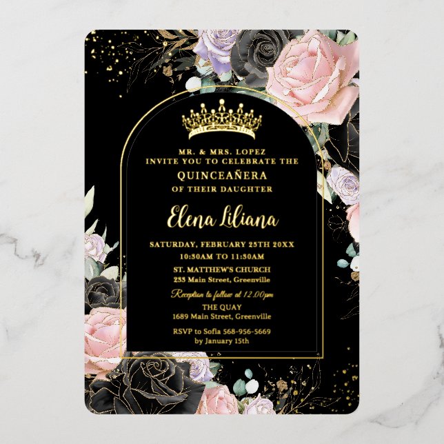 Invitation En Aluminium Plante noire rose violet or Quinceanera Sweet 16 (Recto)