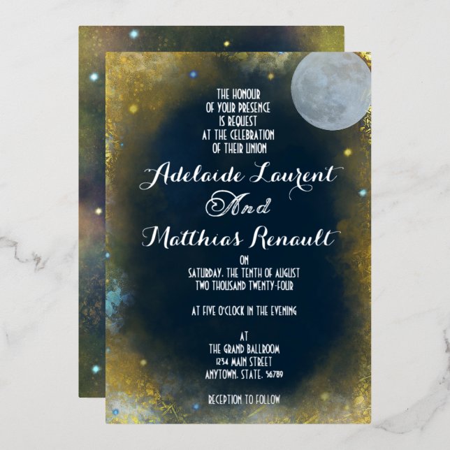 Invitation En Aluminium Pleine lune élégante Mariage céleste : Bleu & Arge (Recto/Verso)