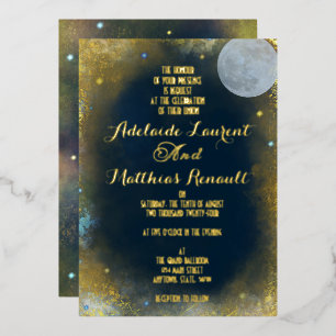 Invitation En Aluminium Pleine lune élégante Mariage céleste : Bleu et or