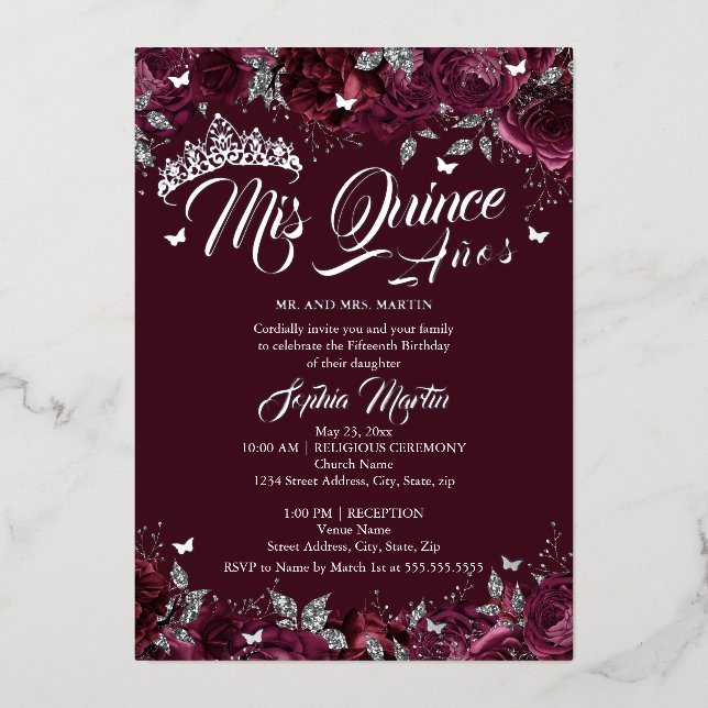 Invitation En Aluminium Plum Bourgogne Rose Mis Quince Quinceanera (Recto)