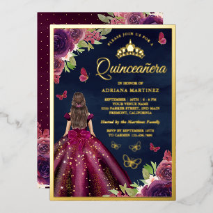 Invitation En Aluminium Plum Floral Papillon Marine bleu Quinceanera Or