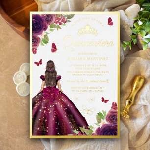 Invitation En Aluminium Plum Floral Robe Papillon Quinceanera Or