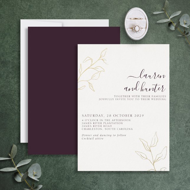 Invitation En Aluminium Plum moderne violet Script Botanique Mariage Or (Créateur téléchargé)