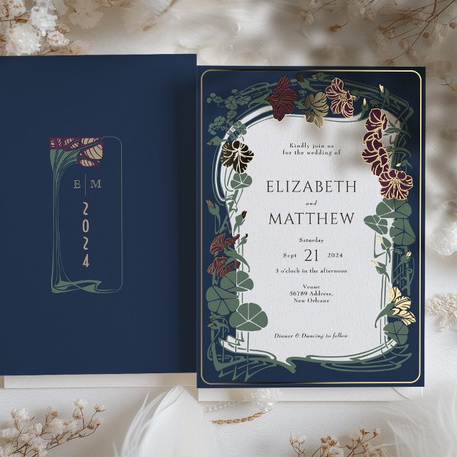 Invitation En Aluminium Plum Navy Blue Gold Floral Mariage (Créateur téléchargé)