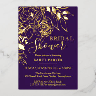 Invitation En Aluminium Plum pourpre et or Fête des mariées florale modern