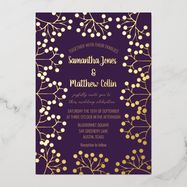 Invitation En Aluminium Plum Purple Bébé's Breath Floral Gold Foil Mariage (Recto)