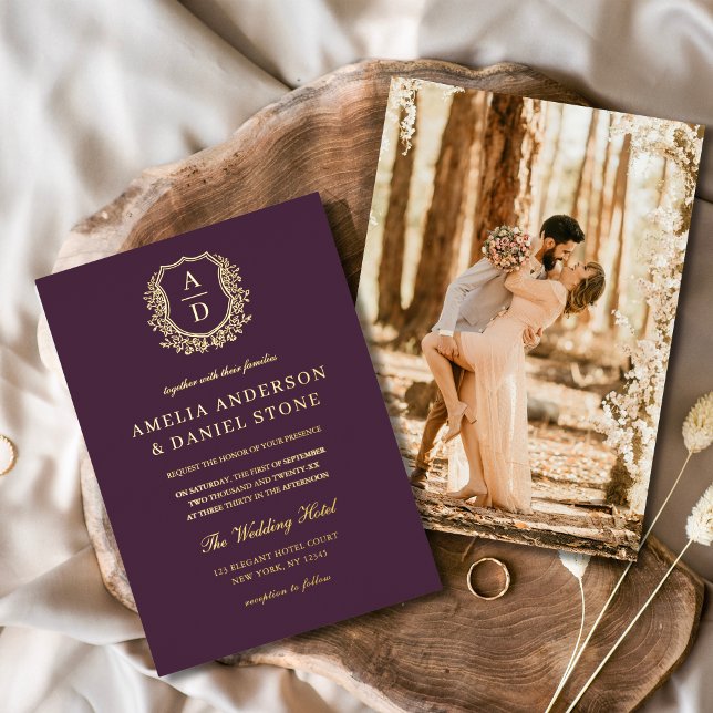 Invitation En Aluminium Plum Purple Gold Leafy Crest Mariage photo (Créateur téléchargé)